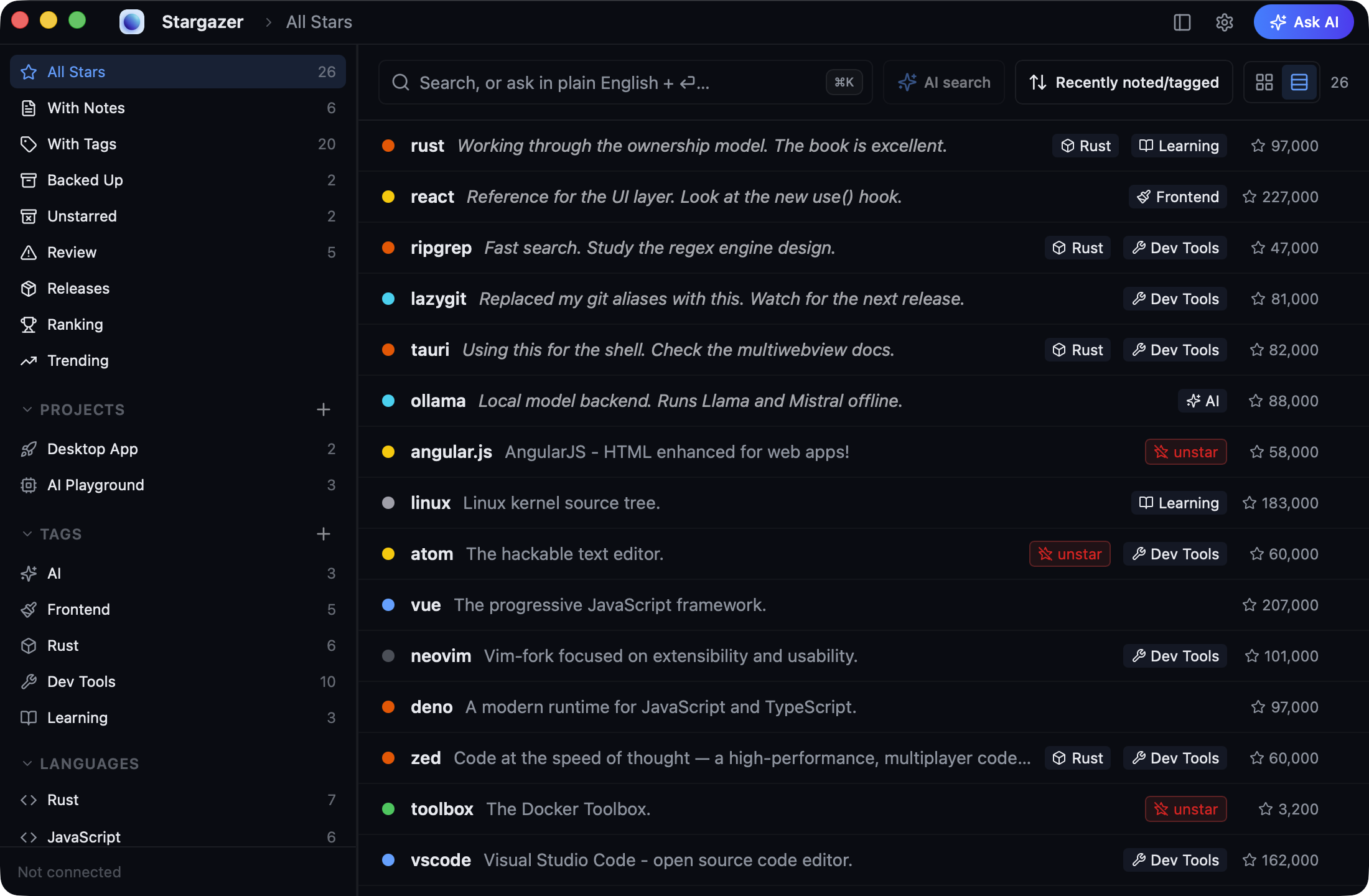 Stargazer Dark theme showing starred repositories with tags, projects and language filters
